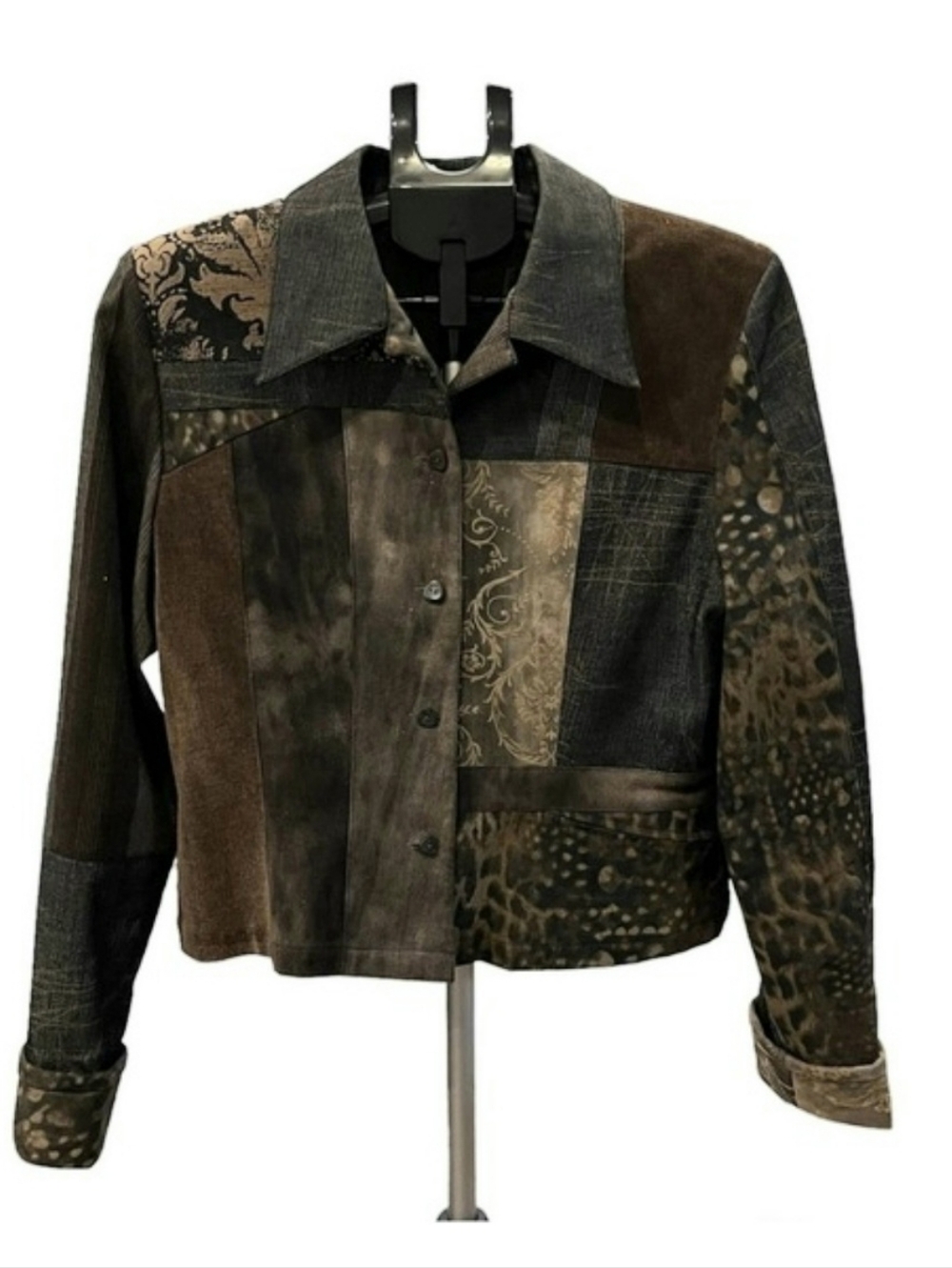 Simon Chang Women’s Brown Denim Plaid Patchwork Shacket/Blazer Size 10